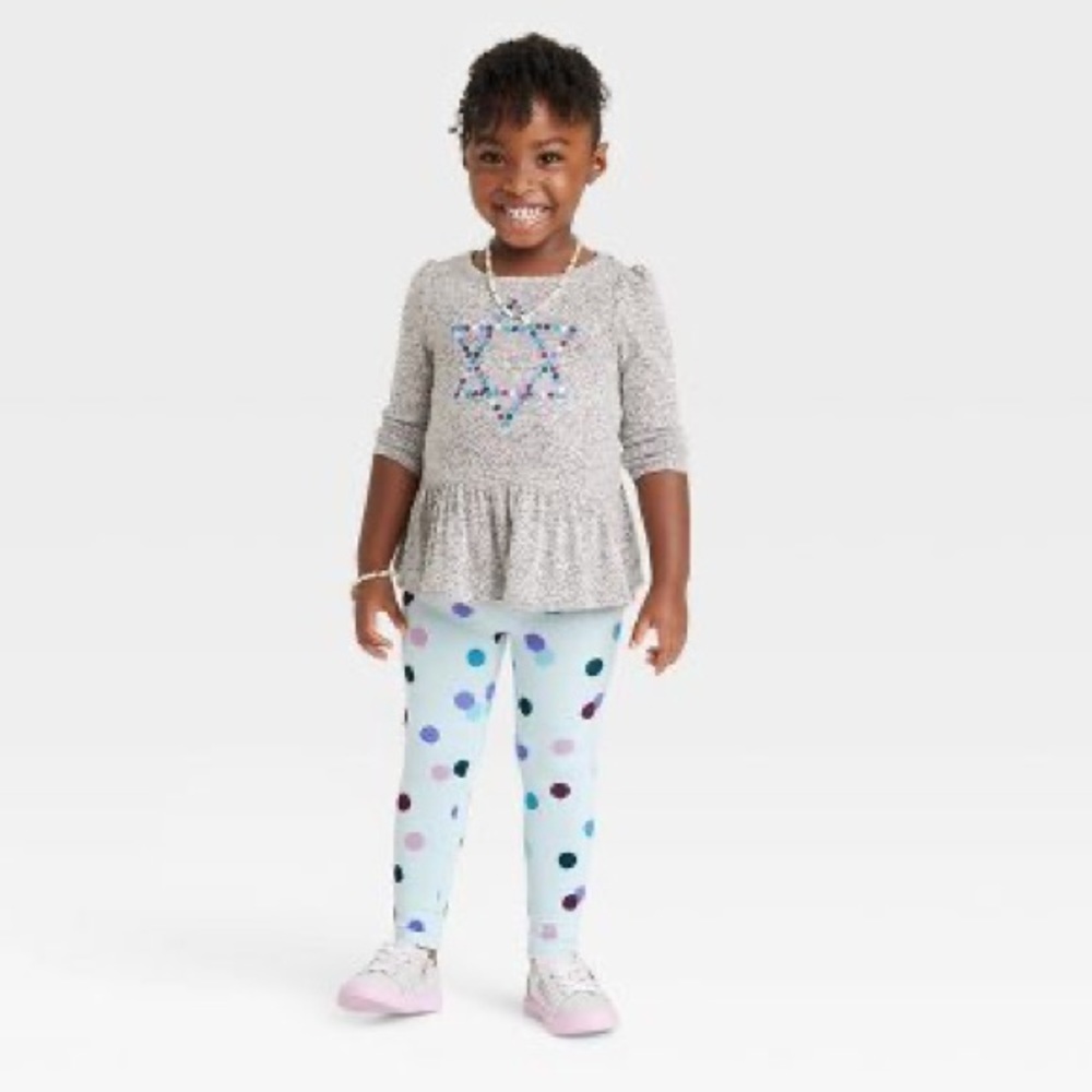 Hanukkah Girls Star of David Long Sleeve Top & Dot Leggings Cat & Jack Grey nwt